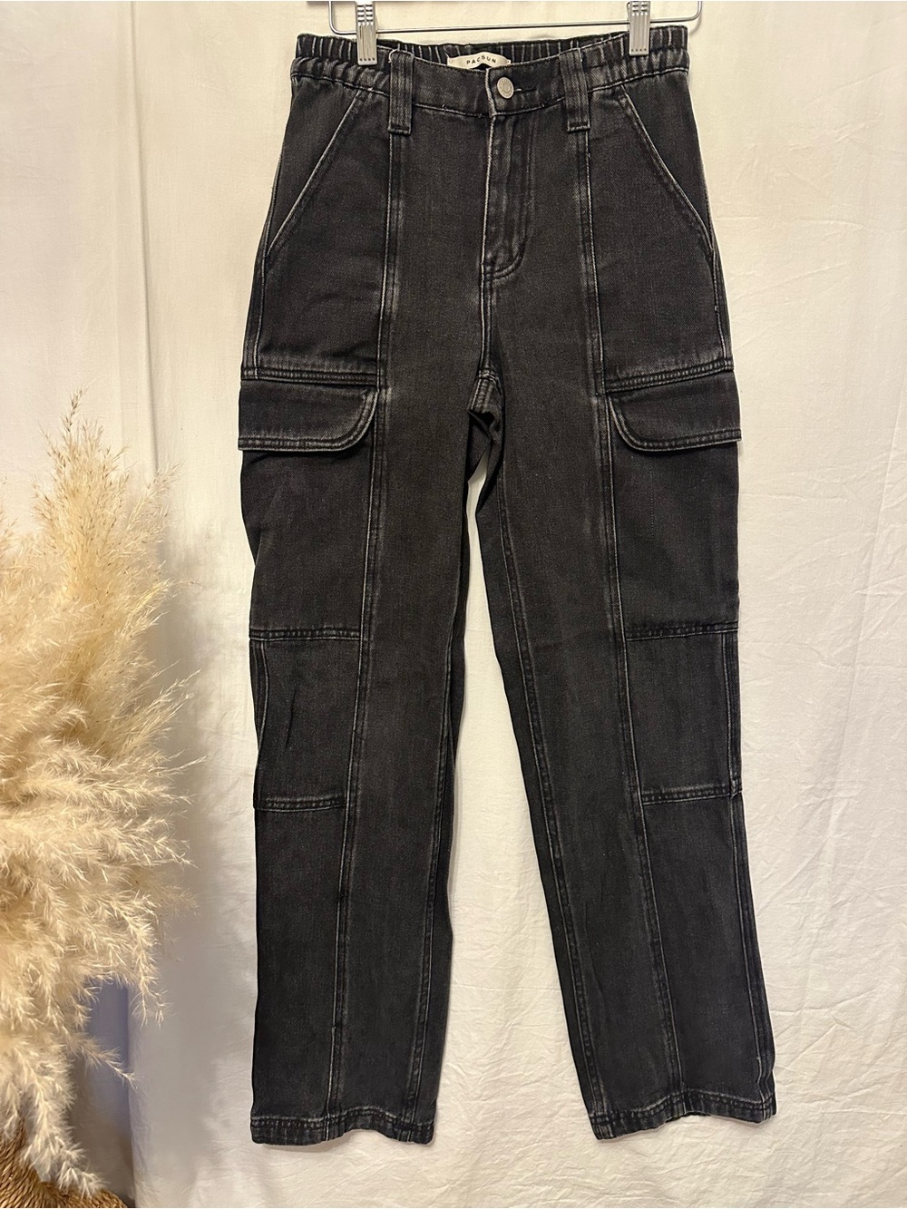 PacSun XS Black Washed Denim Cargo Jeans Elastic Waist Utility Pants